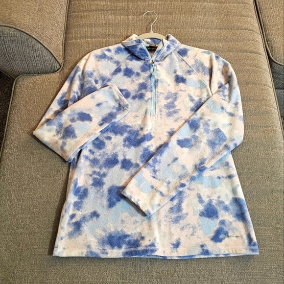 Eddie Bauer Blue Pink Fleece Casual Cozy Watercolor Pullover Size Small - Picture 1 of 6